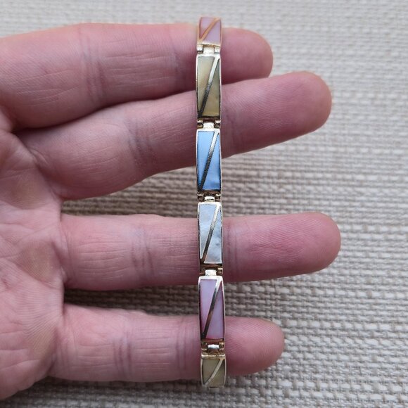 7.5 Inch Sterling Silver Various Color Shell Inlay Bracelet B708 - Picture 1 of 7